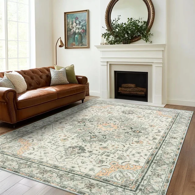 LOVEVOOK Green Vintage Floral Area Rugs for Living Room Bedroom, Washable Boho Rug for Indoor Non Slip Carpet for Dining Room Home Decor 7x10 Feet