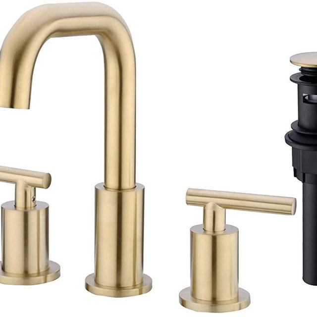 TRUSTMI 2-Handle 8-16 Inch Bathroom Sink Faucet with Pop Up Drain Assembly 3 Hole Deck Mounted 360-Degree Swivel Spout with cUPC Water Supply Hoses, Brushed Gold