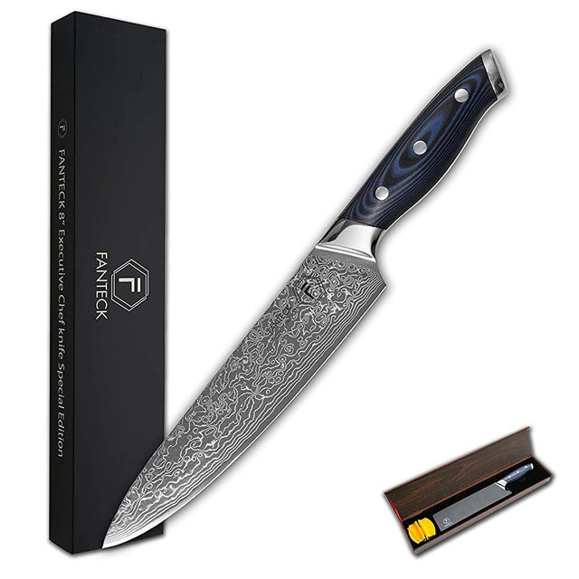 [8-Inch]Chef Knife FANTECK Professional Damascus Chef Knife High Carbon Ultra Sharp VG-10 Damascus Stainless Steel 67 Layers Kitchen Meat Cutting Gyuto Chef Knife [Gift Box]- Ergonomic Blue G10 Handle