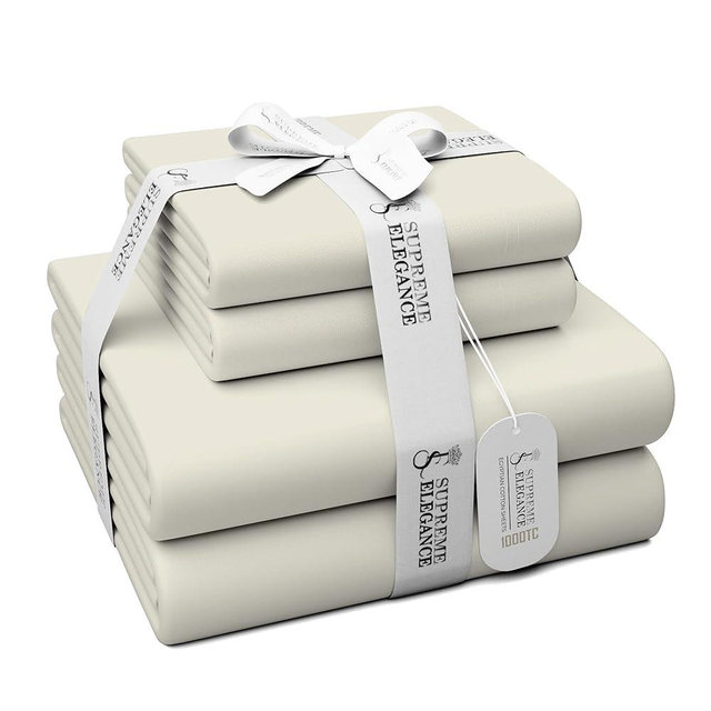 100% Egyptian Cotton Queen Sheet Set - 1000 Thread Count Ivory Queen Size Bed - Luxury Sateen Weave Deep Pocket Sheets - Breathable - Soft & Silky - Egyptian Cotton Sheets Queen Size - Ivory