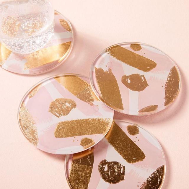 Gilded Brushstrokes Coasters, Set of 4, Gold + Blush
