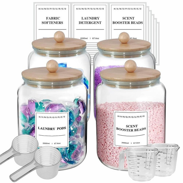 TAAMOG 4 Pack Glass Jars For Laundry Room Organization And Storage, Glass Containers with Lids, Include 18 Pre-Printed Labels, Bamboo Lids, Half Gallon, 2 Measuring Cup, 2 Spoon, Airtight Seal