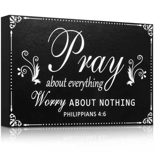 Yulejo Pray About Everything Worry About Nothing Sign Religious Scripture Inspirational Word Plaque Black Bible Verses Plaque Wall Decor Wooden Table Centerpieces Christmas Decorations, 7.9 x 5.1 Inch