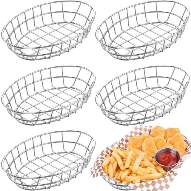 Tioncy 6 Pcs Chrome Oval Metal Wire Baskets 9.5 x 6.2 x 2.2 Inch Bread Serving Decorative Sandwich Container Graduation Party Fast Food Basket for Fruit Burger Kitchen Restaurant(Silver)