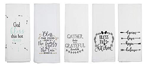 Cute Kitchen Towels, Fun Dish Towels with Faith, Blessed, Family, Love & Dreams Theme, 5 Flour Sack Towels