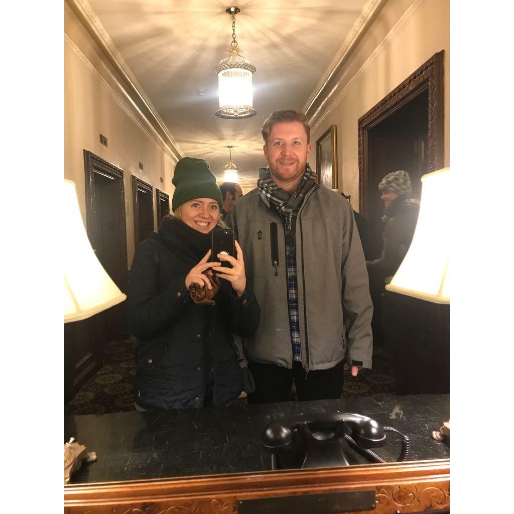 M&A taking a photo in a haunted mirror in a haunted hotel in Boston! The people behind us were not there when we took this photo!