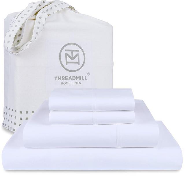 Threadmill 100% Cotton Hypoallergenic/Breathable/Stain-Resistant, 500 Thread Count, Solid 4-Piece Bed Sheet Set (1 Flat, 1 Fitted Sheet, 2 Pillow Covers), Queen White Sheets Set
