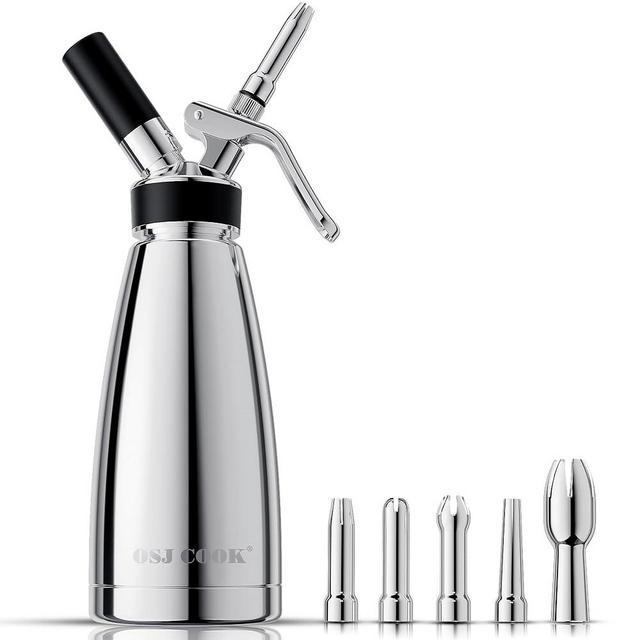 Whipped Cream Dispenser Stainless Steel Keep Warm and Cold,500mL/1 Pint Double Wall Thermos Whipped Cream Maker,5 Various Stainless Decorating Nozzles,1 Cleaning Brush,N2O Chargers NOT Included