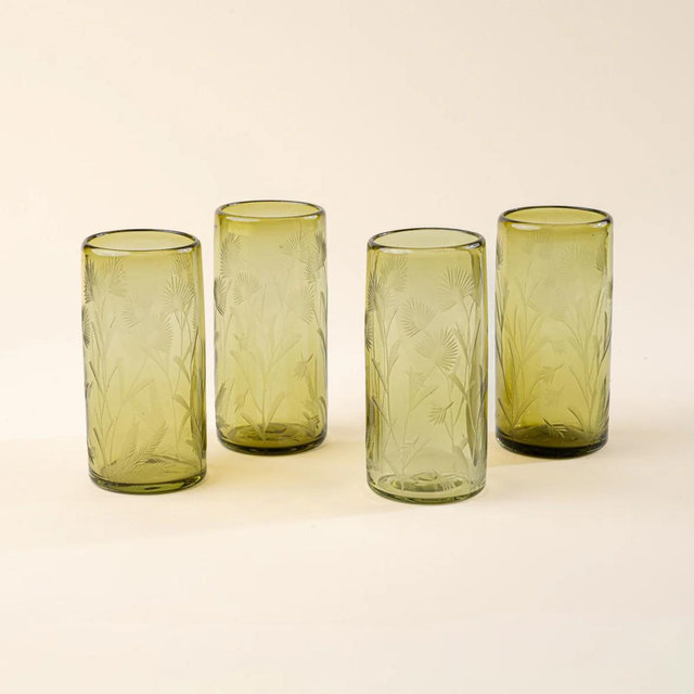 Etched Thistle Glassware - Tumbler Set of 4/ Olive