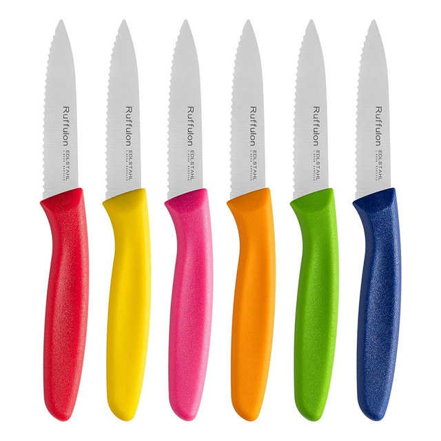 Ruffulon Stainless Steel Paring Knife With Serrated Blade, 6 Pieces Set Vegetable and Fruit Knife, Ultra Sharp Small Kitchen Knife, Colorful Paring Knives with PP Plastic Ergonomic Handle.