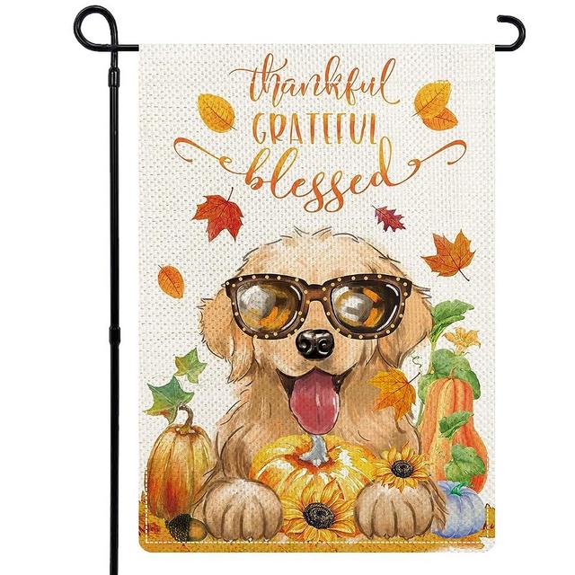 YOVOYOA Fall Golden Retriever Thanksgiving Day Garden Flags for Outside, Thankful Grateful Blessed Fall Flag, Burlap Double Sided Fall Harvest Dog Welcome Yard Flag for Porch Farmhouse Decor 12x18"