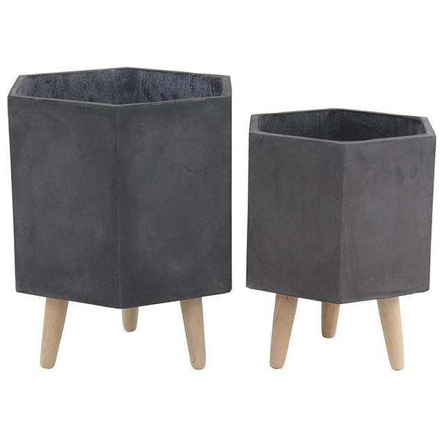 Deco 79 Magnesium Oxide Square Planter with Wood Legs, Set of 2 15", 17"H, Dark Gray