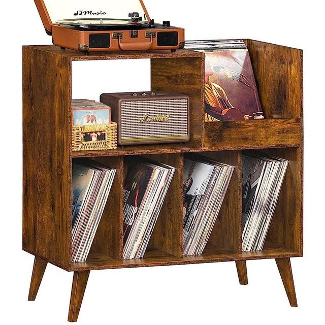 LELELINKY Large Record Player Stand, Turntable Stand with Storage, Vinyl Record Holder with Display Area, Record Player Table Holds Up to 300 Albums, Record Stand for Music room Living Room-Reto Brown