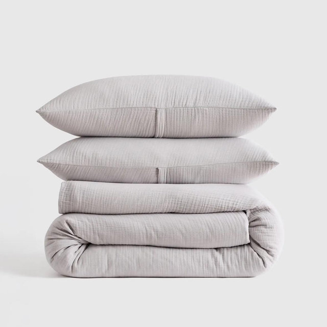 Organic Cotton Gauze Duvet Cover Set - Light Grey, Full/Queen