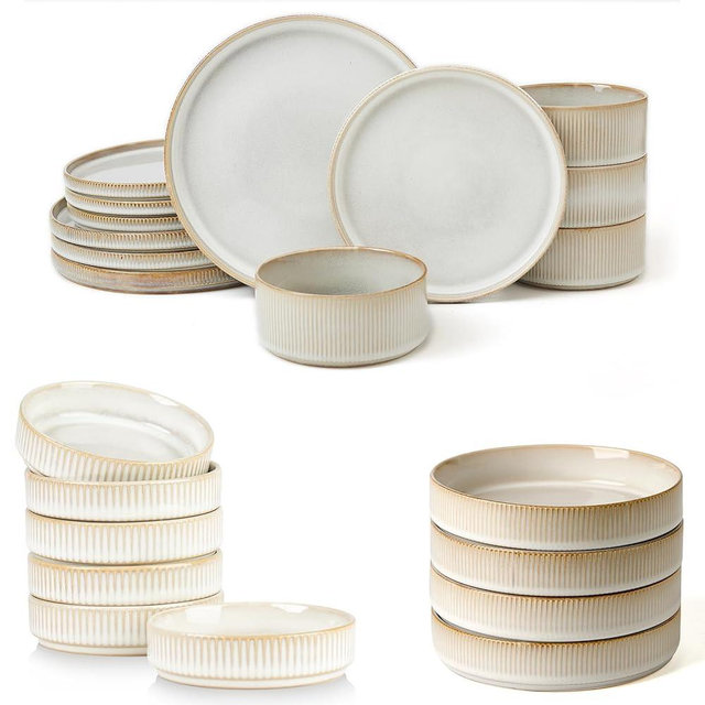 Famiware Dinnerware Set for 4 (12 Piece) and 7.5" Paste Bowl Set (4 Piece) and 4oz Dipping Bowl Set (6 Piece) - Star Stoneware Dishes - Cappuccino White