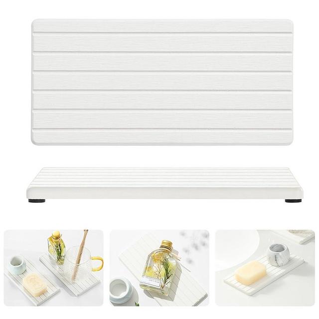 Razborci 2PCS Quick Stone Drying Tray Mat for Bathroom & Kitchen Counter, Instant Dry Water Absorbent Drink Bar Coaster, Vanity Sink Caddy Organizer,Dish Soap Dispenser Sponge Holder, White - 8"*4"