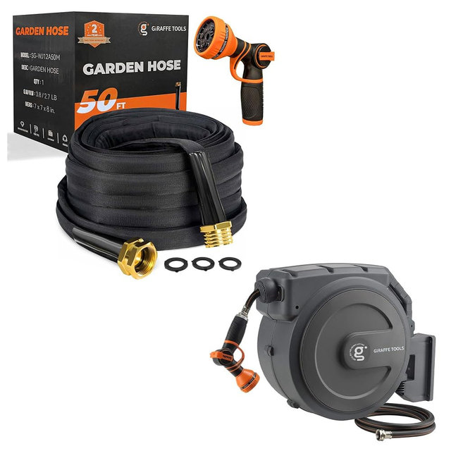 Giraffe Tools Garden Hose 50FT Lightweight Lay Flat Water Hose with Retractable Garden Hose Reel 1/2 Inch x 130 ft, Super Heavy Duty