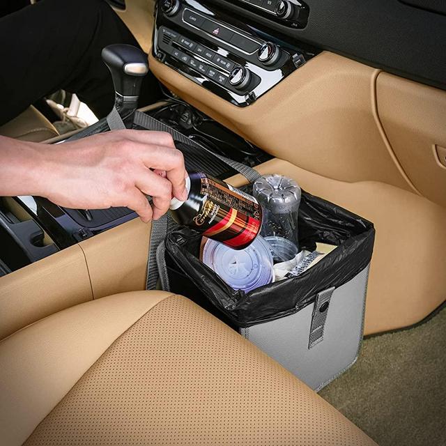 KMMOTORS Foldable Car Garbage Can Patented Car Waste Basket Comfortable Multifuntional Vegan Leather and Oxford Clothes Car Organizer Car Trash Can (Medium, Gray)