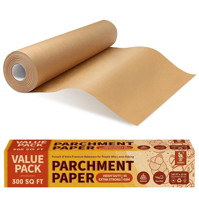 Katbite 15in x 242ft Unbleached Parchment Paper Roll, 300 Sq.Ft, Non-Stick with Serrated Cutter for Baking, Cooking, Air Fryer