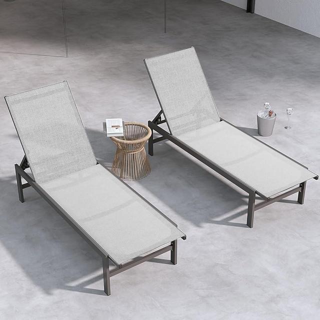 WOAJNQO Aluminum Chaise Lounge Chair Outdoor Set of 2,Pool Lounge Chair with Adjustable 5-Position Recliner,Full Flat Tanning Chair,Rust-Resistant Patio Lounge Chair for Lawn,Pool, Beach,Garden,White