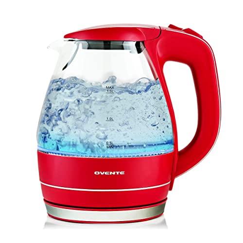 Ovente Portable Electric Glass Kettle 1.5 Liter with Blue LED Light and Stainless Steel Base, Fast Heating Countertop Tea Maker Hot Water Boiler with Auto Shut-Off & Boil Dry Protection, Red KG83R