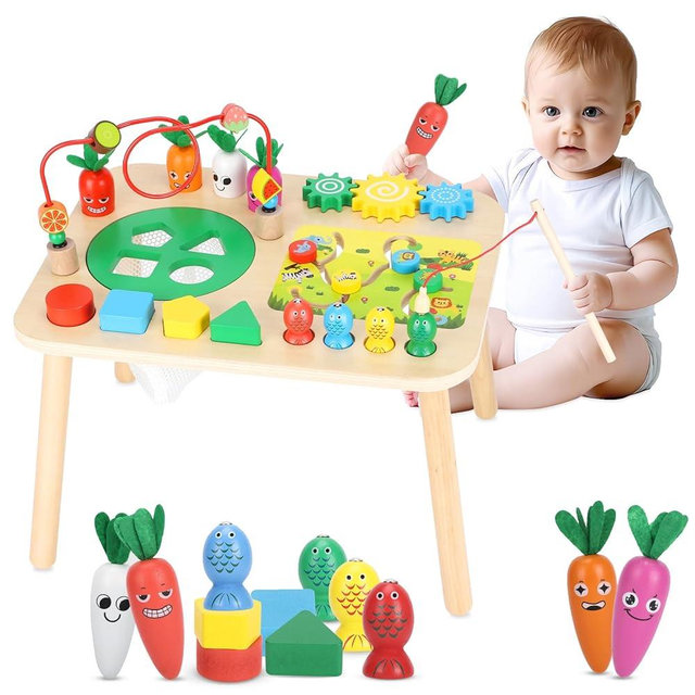 HEYLANDU Activity Table for 1+ Year Old Girls Boys, 7-in-1 Wooden Montessori Toys, Activity Center, Baby Toddler Sensory Toys Kids First Birthday Gift