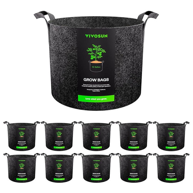 VIVOSUN 10-Pack 15 Gallon Grow Bags, Reinforced Planter Fabric Pots for Gardening Black