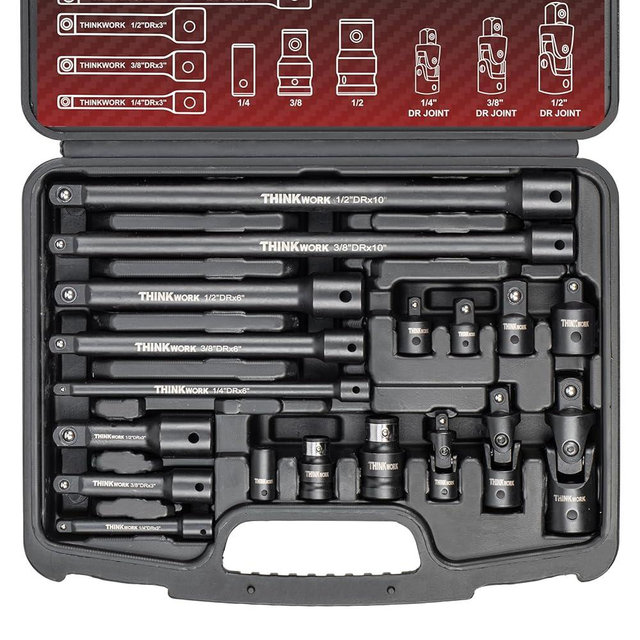 THINKWORK 18 Pieces Impact Swivel Socket Adapter Set, 1/4", 3/8", 1/2" Ratchet Socket Extension Set for Wrench