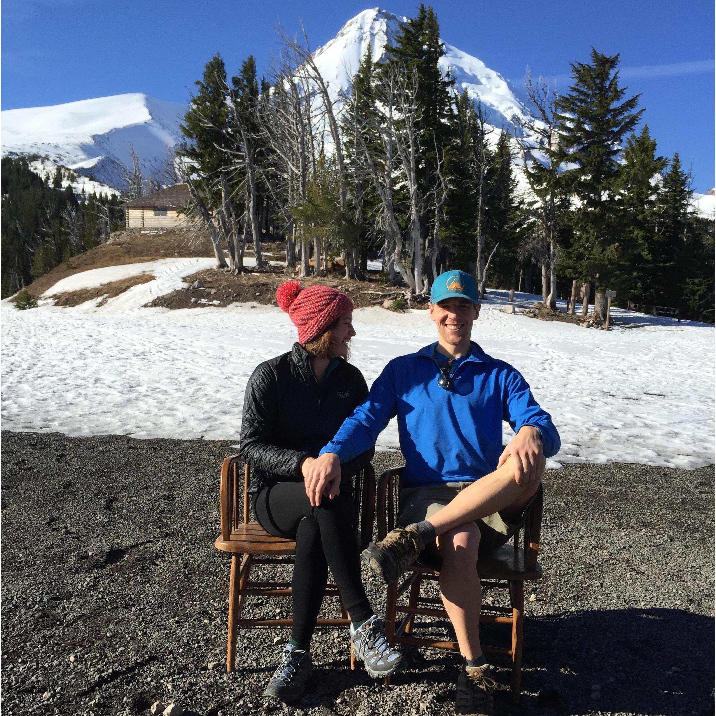 Look at these young kids! Our first cabin trip on Mt. Hood. Hiked through the snow to get to these comfy chairs.
