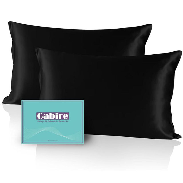 Gabire Mulberry Silk Pillow Cases Set of 2, Both Sides Real Silk Pillow Cover for Hair and Skin Prevent Acne Pillowcase Organic Silk Pillowcase 2 Pack with Hidden Zipper, Black, Queen (20"×30")