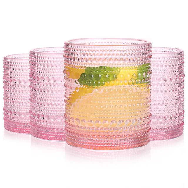 abrwyy Pink Drinking Glasses Set of 4, 10 oz Hobnail Drinking Glasses - Pink Vintage Glassware for Beer, Cocktail, Soda, Juice, Coffee and Various Mixed Drinks