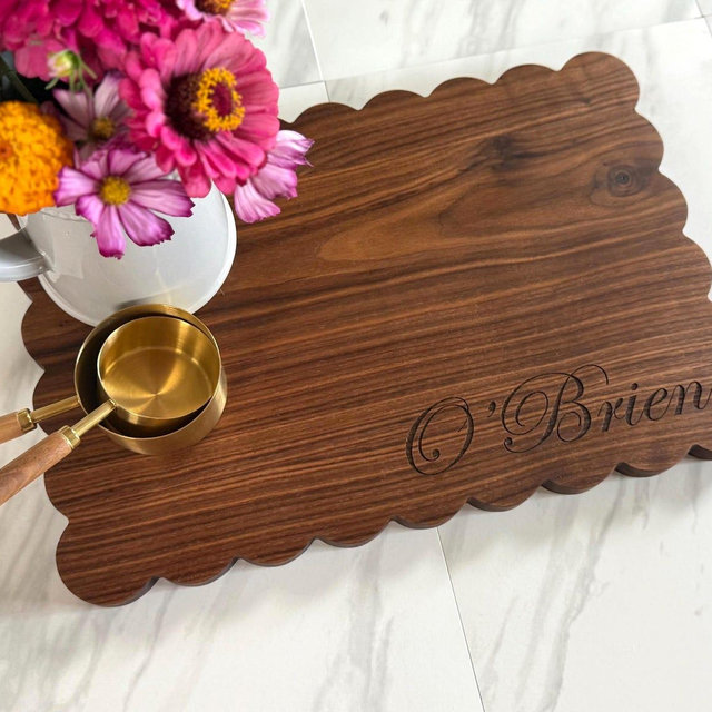 Personalized Walnut Scalloped Charcuterie Board: Handmade Engraved Wedding Gift for Couples