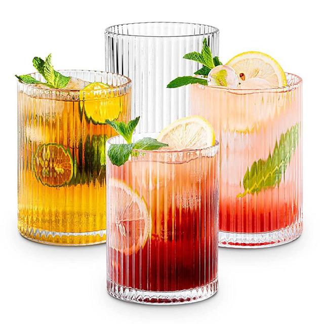 Combler Cocktail Glasses, Rocks Whiskey Glasses, 9oz Drinking Glasses Set of 4, Vintage Ribbed Glassware Sets, Cute Glass Coffee Cups for Coffee Bar Accessories, Birthday Gifts for Men Women