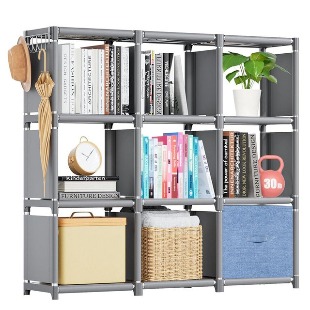 Mavivegue Book Shelf, 9 Cube Storage Organizer, DIY Bookcase, Metal Cube Bookshelf, Tall Book case for Bedroom, Living Room, Office, Grey