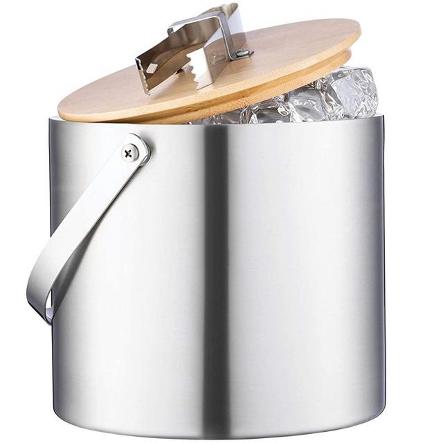 Double-Wall Stainless Steel Insulated Ice Bucket With Lid and Ice Tong - [3 Liter] Modern Bamboo Lid With Build In Tong- Comfortable Carry Handle- Great for Home Bar, Chilling Beer, Champagne and Wine