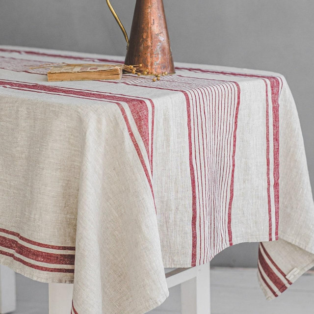 French style linen tablecloth, Washed natural linen tablecloth, Vintage linen tablecloth, Striped linen tablecloth in various colors.