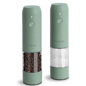 Electric Salt and Pepper Grinder Set, USB Rechargeable, Automatic Salt and Pepper Mill Grinder with Adjustable Coarseness, Electric Salt Shakers, LED Light, Refillable (2 Packs, Sage)