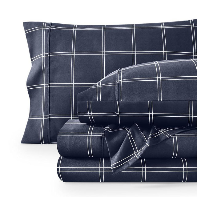 Bare Home Full Sheet Set - Luxury 1800 Ultra-Soft Microfiber Double Brushed - Deep Pockets - Easy Fit - 4 Piece Set (Full, Modern Plaid - Midnight/White)