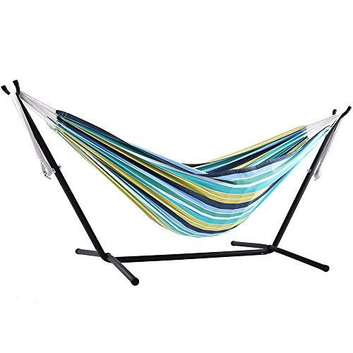 Vivere Double Cotton Hammock with Space Saving Steel Stand, Cayo Reef (450 lb Capacity - Premium Carry Bag Included)