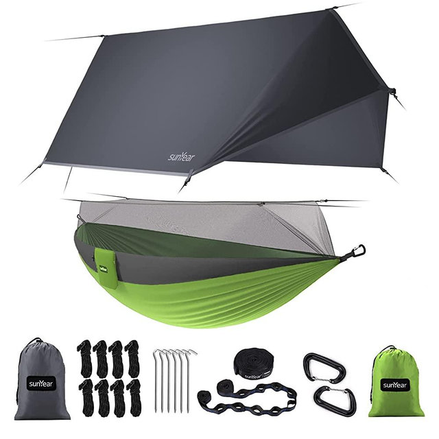 Sunyear Single & Double Camping Hammock with Net, Portable Outdoor Tree Hammock 2 Person Hammock for Camping Backpacking Survival Travel, 10ft Hammock Tree Straps and 2 Carabiners, Easy to Setup