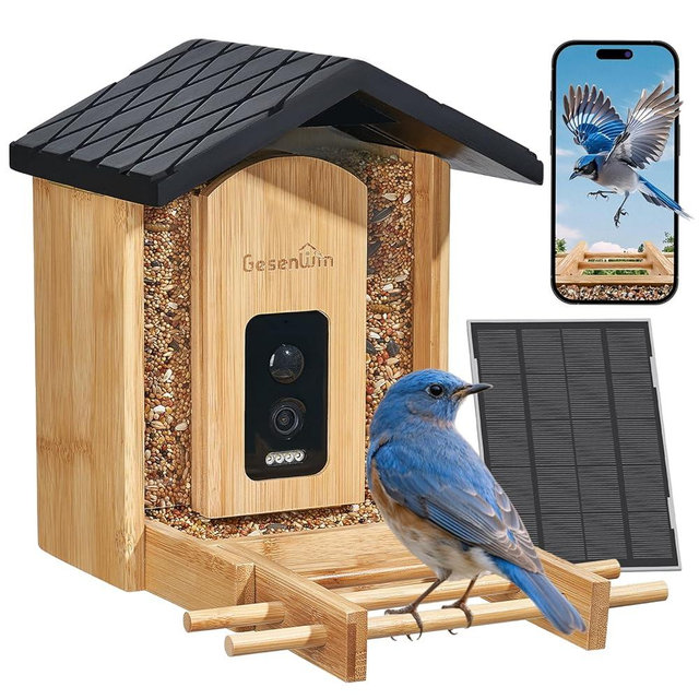 Eco-Friendly Bamboo Smart Bird Feeder with Camera & Solar Panel - AI Identifies 11,000+ Species, 2K HD Night Vision, Wireless Outdoor Birdhouse with Instant Alerts (2.4GHz WiFi Only)