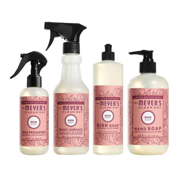 Variety, 1 Mrs. Meyer's Room Freshener, 8 OZ, 1 Mrs. Meyer's Liquid Dish Soap, 16 OZ, 1 Liquid Hand Soap,12.5 OZ, 1 Multi-Surface Cleaner 16 OZ, 1 CT (Rose)