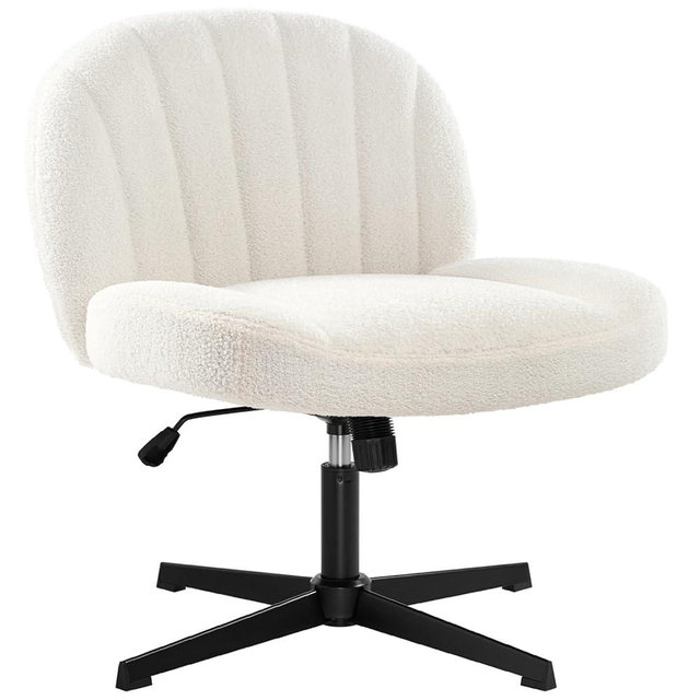IWMH Armless Office Desk Chair No Wheels,Ergonomic Criss Cross Legged Computer Chair with Fabric Padded, Height Adjustable Wide Seat Vanity Chair,Mid Back Task Chair for Home, Bedroom (White)