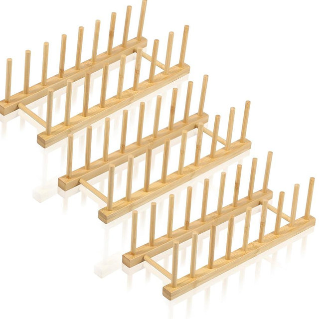 3Pcs Bamboo Wooden Plate Racks, Bamboo Dish Drying Rack, Dish Stand Organizer Holder Vertical Drainer, Kitchen Cabinet Organizer for Dish, Pots, Lids, Bowls, Cups, and Cutting Boards and Books