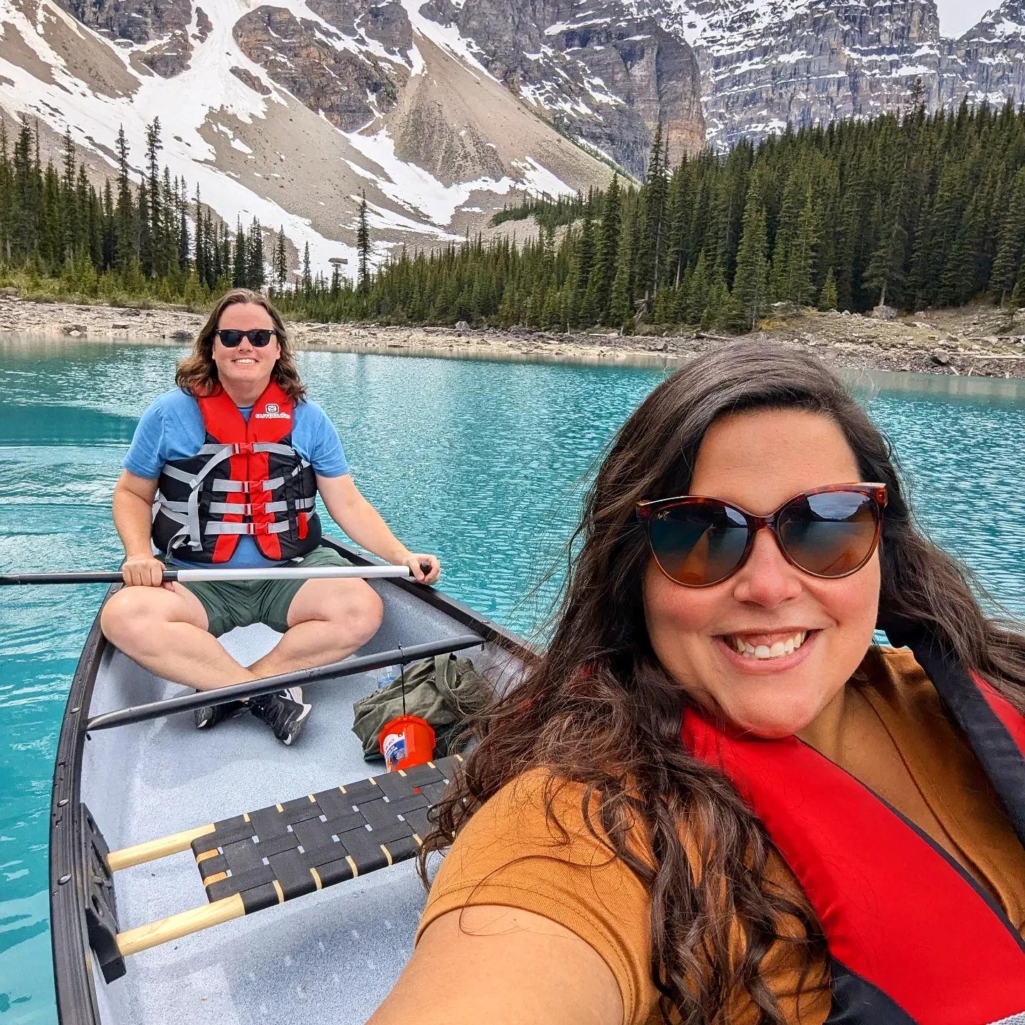 Kayaking on Lake Moraine on our Banff, Canada trip