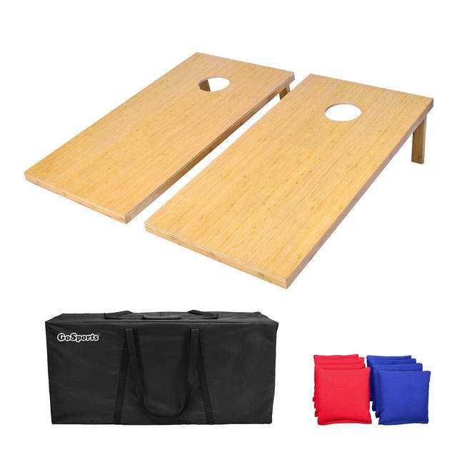 GoSports Bamboo Cornhole Toss Game Set with 8 Bean Bags Carrying Case - Choose Regulation or Tailgate Size Boards