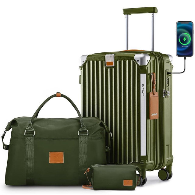 Joyway 20in Carry On Luggage with Cup Holder and USB Port, 20% Expandable Capacity, Smart Suitcase with Anti Slip Wheels and Handbag, Perfect for Men and Women 3 Piece Set DarkGreen