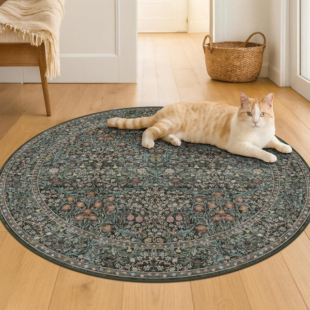 Washable Round Area Rug 5ft for Living Room, Bedroom, Soft Ultra-Thin Non-Slip Vintage Circle Carpet for Kitchen Nursery, Dark Green Boho Floral Décor