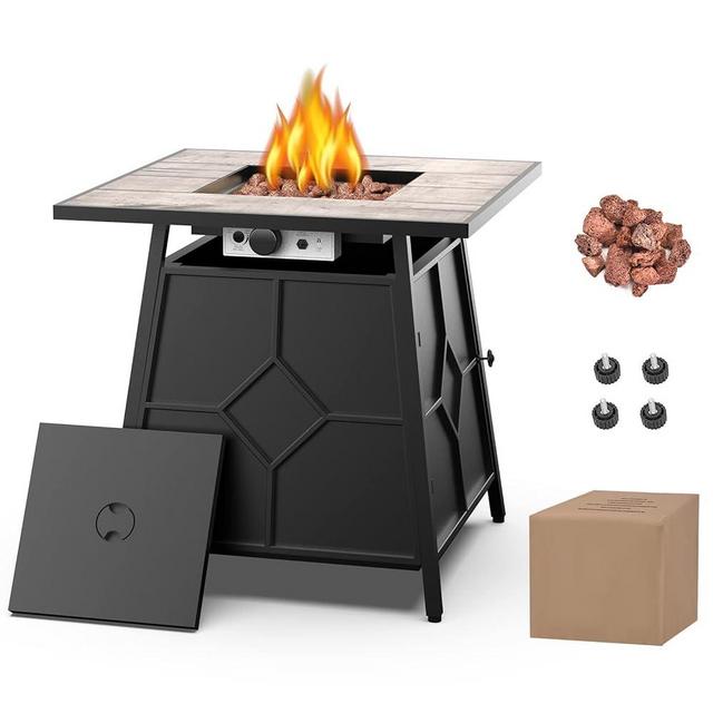 OTSUN 28'' Propane Fire Pit Table for Patio Outdoor, 40000BTU Gas Fire Table with Weather Cover, Lid, and Volcanic Rock, Pulse Ignition System, Stainless Steel Black