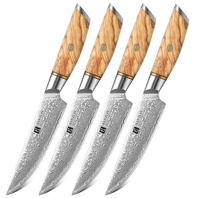 XINZUO Steak Knife Set of 4, Damascus Powder Steel Kitchen Steak Knife Set, Non Serrated Steak Knives, Razor-Sharp Dinner knives with Gift Box, Kitchen Table Knife with Olive Wood Handle-Lan Series